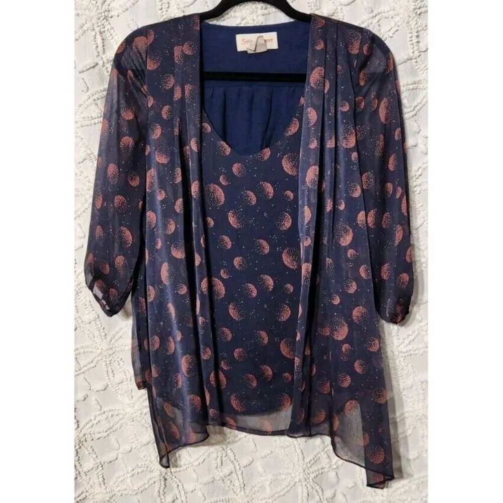 Stitch & Knot Blouse‎ Womens XS Navy Blue Coral Celestial Romantic Sheer Sleeve